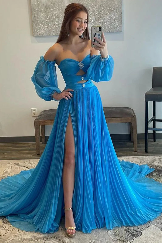 A Line Sweetheart Blue Long Prom Dress Split Front  With Sweep Train