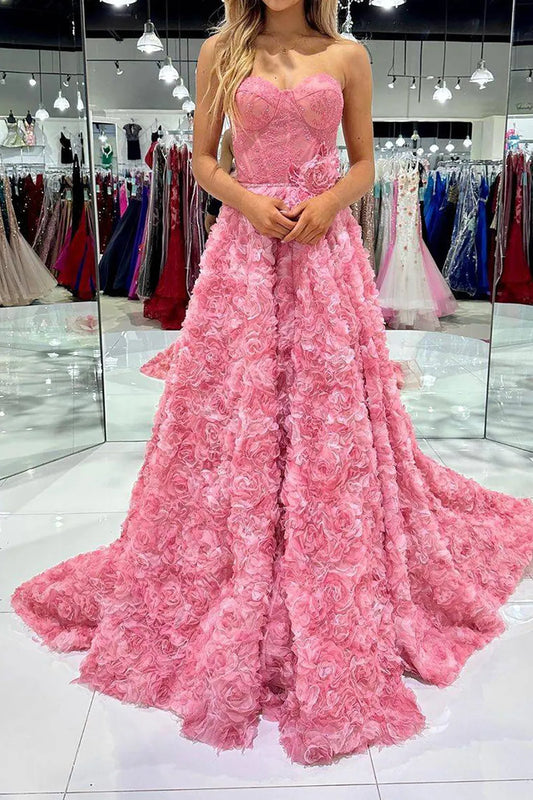 Elegant A Line Sweetheart Blush Long Prom Dress 3D Flowers With Slit