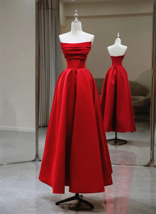 Red A-line Satin Scoop Long Prom Dress Party Dress Satin Evening Dress