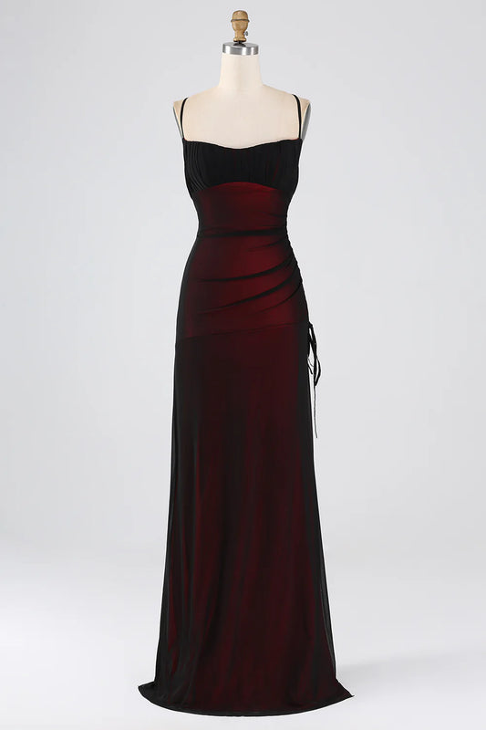 Black Red Sheath Spaghetti Straps Floor Length Bridesmaid Dress Evening Dresses