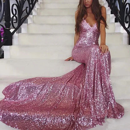 Mermaid Sequin Prom Gowns Evening Maxi Dress For Women