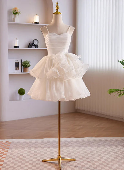 White Tulle Straps Short Graduation Dress Tulle Sweetheart Prom Dress