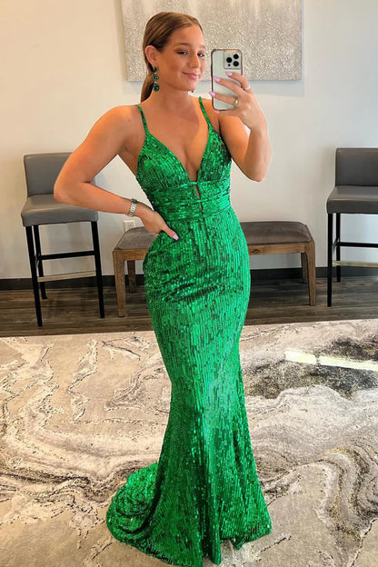 Mermaid Spaghetti Straps Green Sequins Backless Long Prom Dress Sweep/Brush Train Dresses