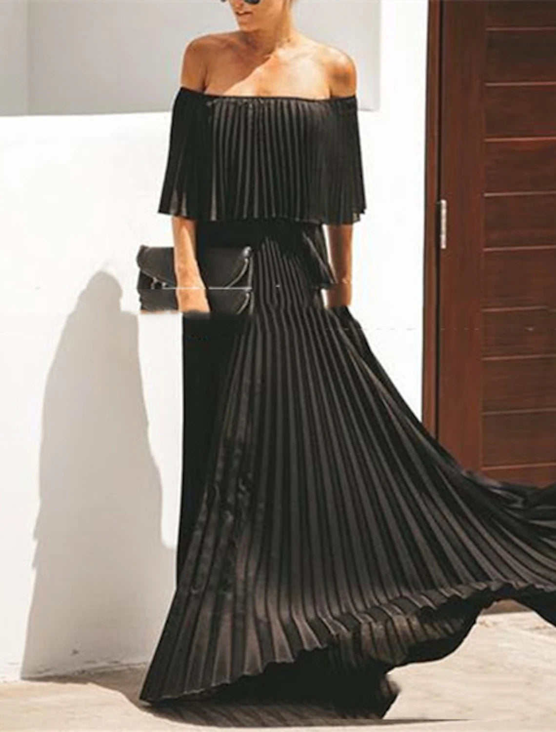 A-Line Wedding Guest Party Dress Floor Length Half Sleeve Off Shoulder Chiffon with Pleats Ruffles