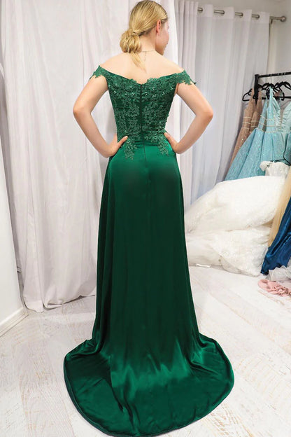 High Slit A-Line Off the Shoulder Emerald Green Long Prom Dress Sweep/Brush Train Dresses