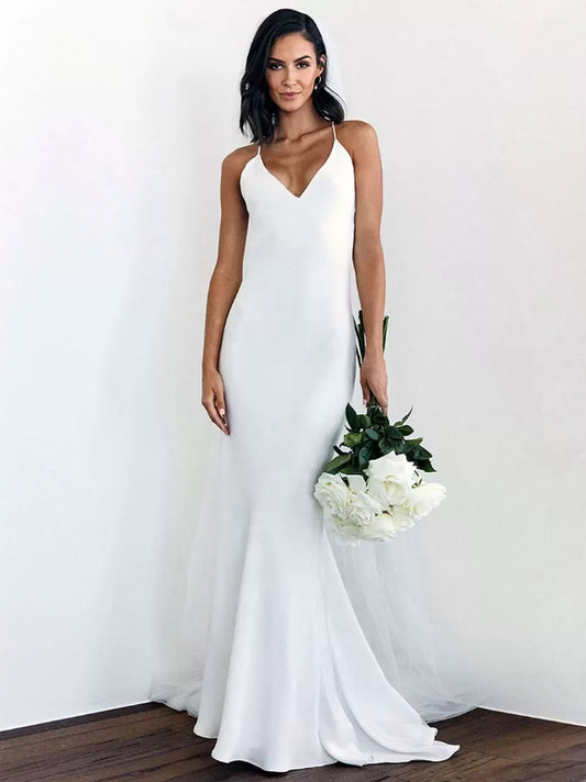 White Simple Mermaid Wedding V-Neck Sleeveless Criss-Cross Spaghetti Straps Lace-Up Backless Satin Fabric Bridal Dresses