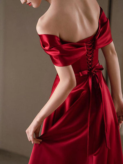 A-Line Bateau Neck Satin Fabric Floor-Length Formal Evening Dress