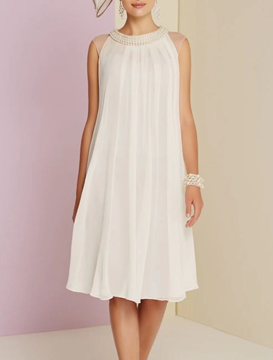 Mother of the Bride Dress Wedding Guest Elegant Jewel Neck Chiffon Sleeveless with Pleats Beading