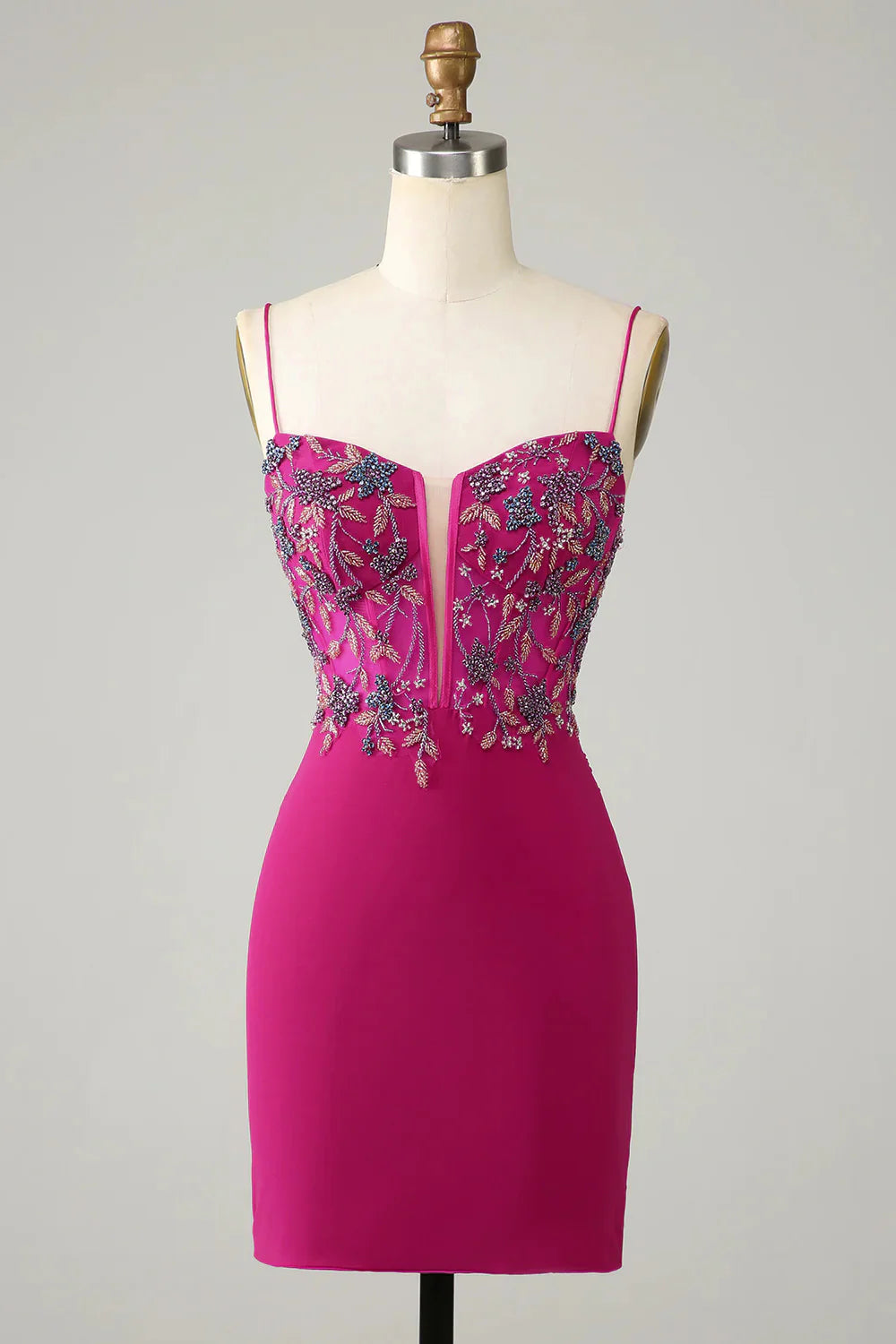 Bodycon Spaghetti Straps Fuchsia Short Homecoming Dress with Beaded