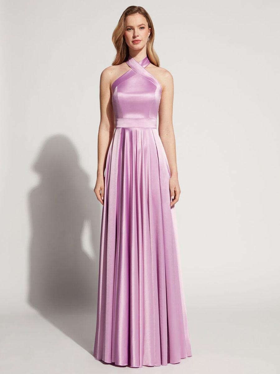 A-Line Halter Floor-Length Sleeveless Backless Evening Dress Silk Like Satin Formal Party Dresses