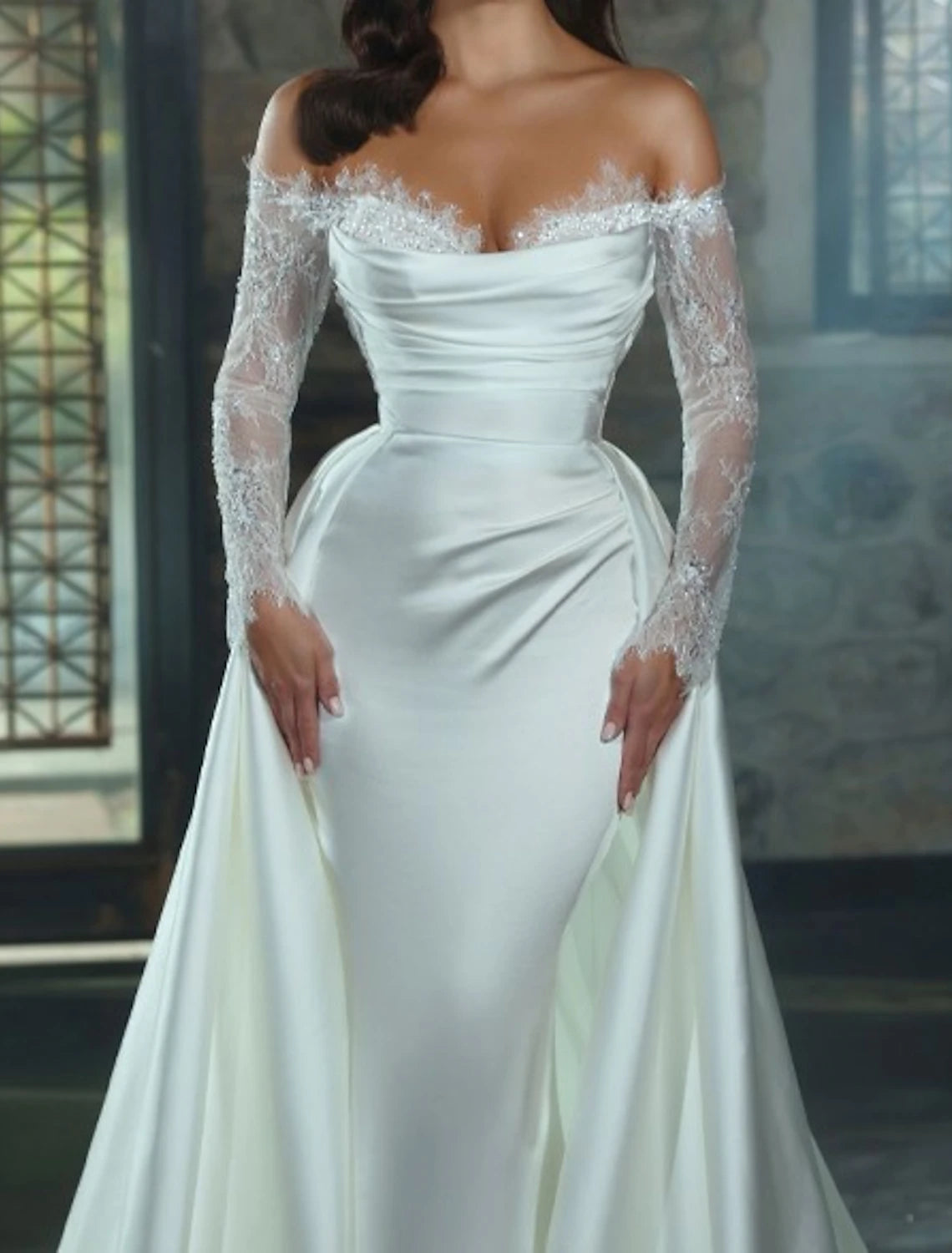 Engagement Formal Wedding Dresses Off Shoulder Long Sleeve Chapel Train Satin Bridal Gowns With Appliques