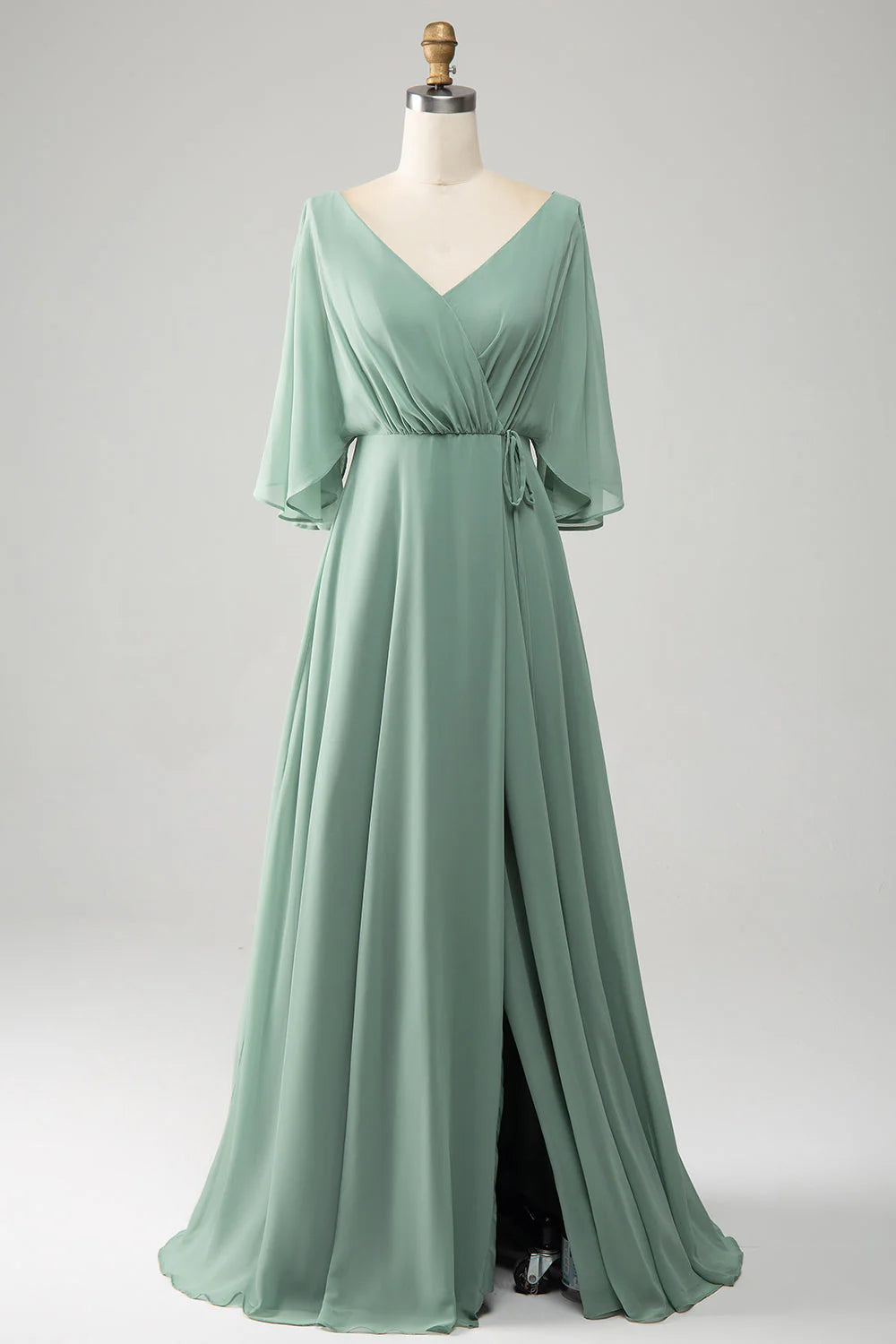 A-line V-neck Pleated Long Bridesmaid Dress Chiffon With Slit