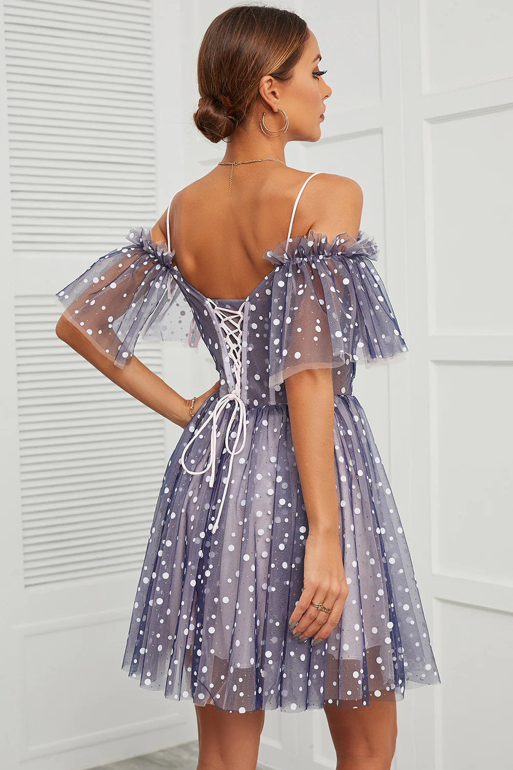 Cute Navy A Line Polka Dots Off Shoulder Homecoming Dress