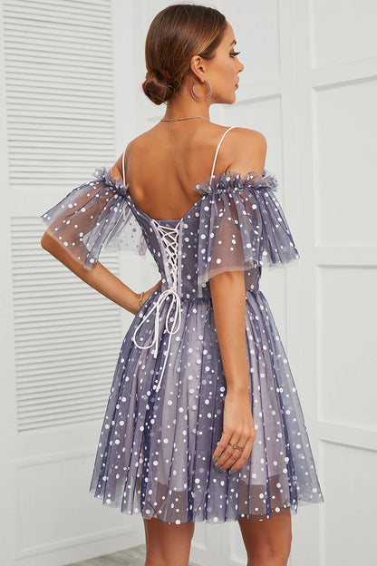 Cute Navy A Line Polka Dots Off Shoulder Homecoming Dress