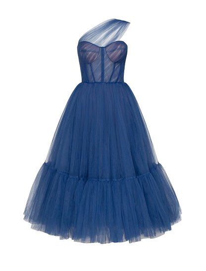 A-Line Puffy Fairy Homecoming Wedding Guest Dress One Shoulder Sleeveless Ankle Length Tulle with Pleats Pure Color