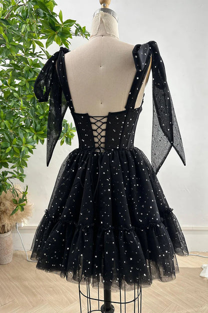 A-Line Princess Tulle Glitter Black Stars Corset Homecoming Dress