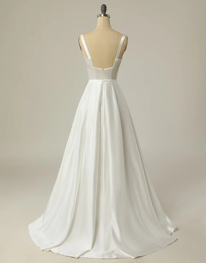 Simple A Line Square Neck White Long Wedding Dress Court Train Dresses