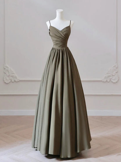 A-Line V Neck Satin Olive Green Long Prom Dress Long Formal Dress