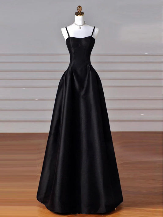 A-Line Satin Black Long Spaghetti Strap Prom Dress Evening Dress