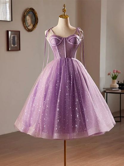 A-Line Sweetheart Neck Tulle Lace Purple Homecoming Dress