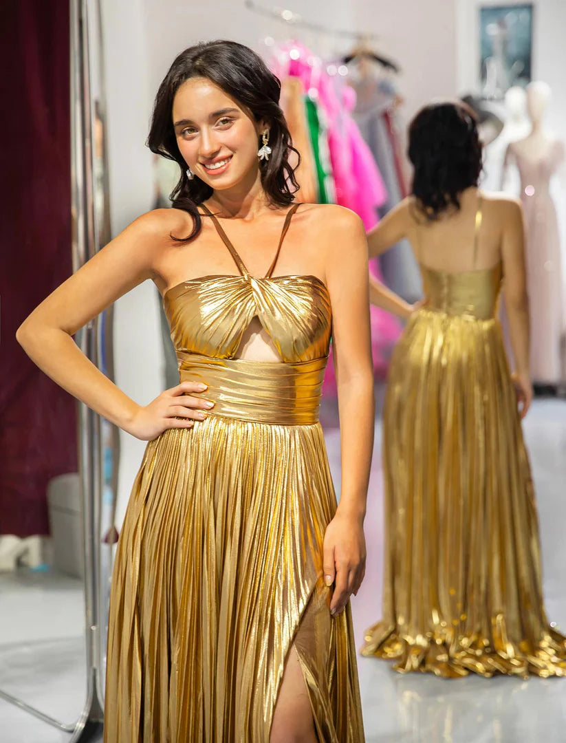 A-Line Gold Metallic Keyhole Floor-length Prom Dress With Slit