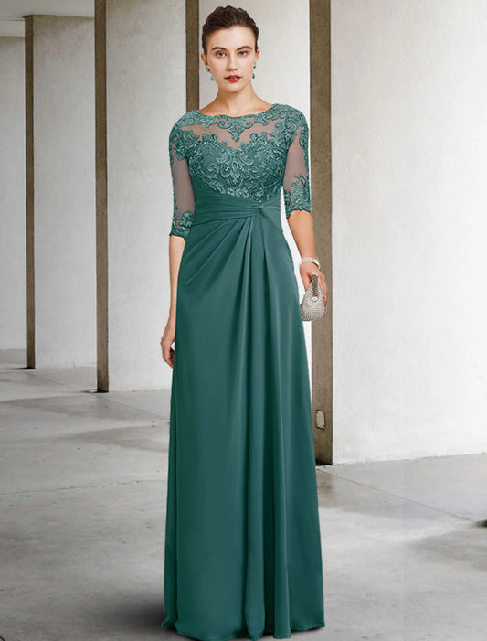 Sheath / Column Mother of the Bride Dress Wedding Guest Jewel Neck Floor Length Chiffon Lace with Appliques