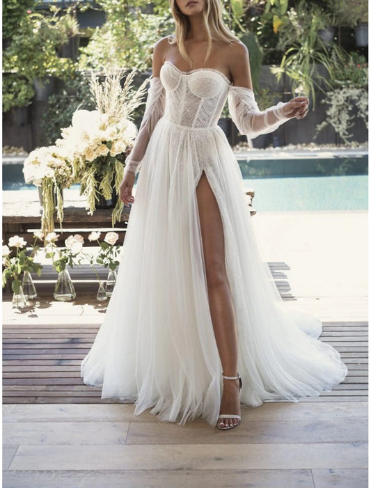 Beach Sexy Wedding Dresses A-Line Sweetheart Strapless Court Train Lace With Pleats Split Front