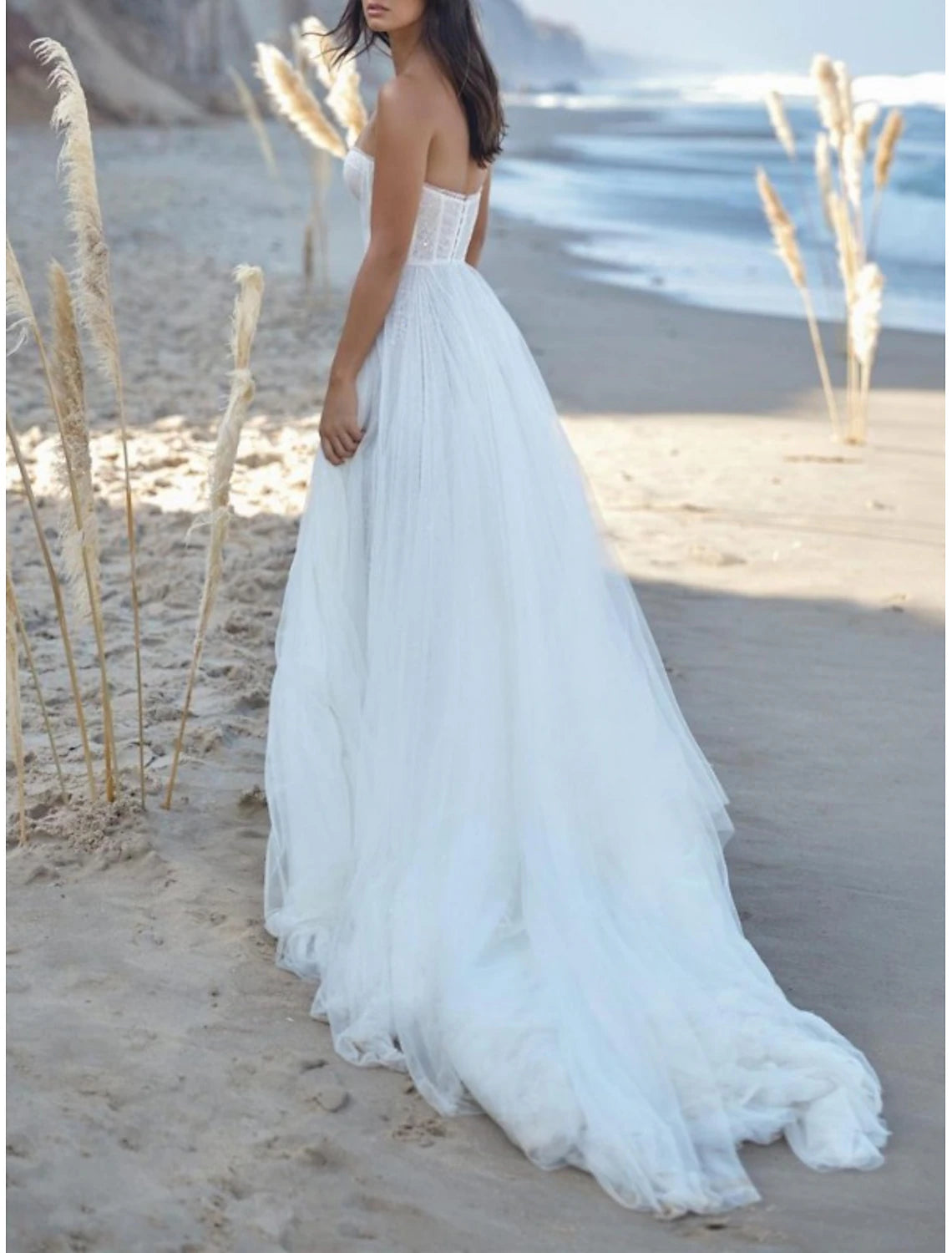 Beach Sexy Wedding Dresses A-Line Sweetheart Strapless Court Train Lace With Pleats Split Front