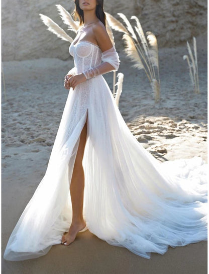 Beach Sexy Wedding Dresses A-Line Sweetheart Strapless Court Train Lace With Pleats Split Front