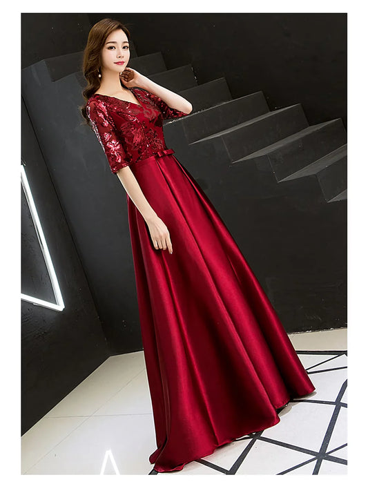 A-Line Sparkle Elegant Wedding Guest Prom Formal Evening Dress V Neck Half Sleeve Floor Length Satin