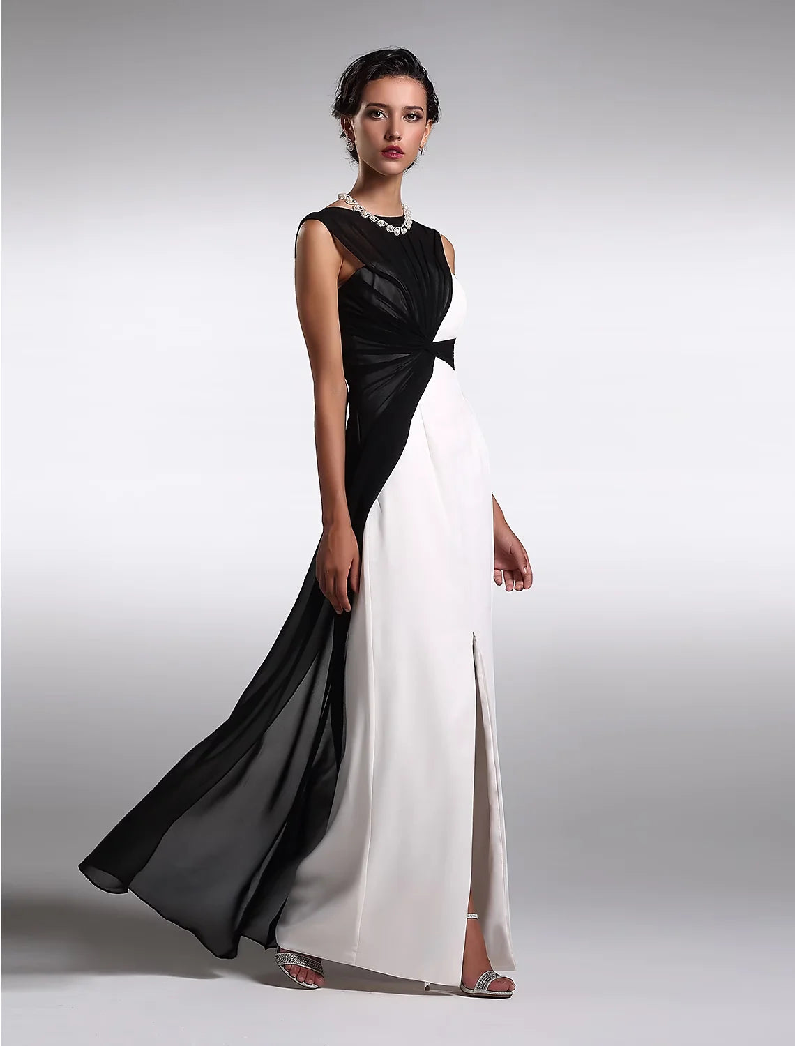 Sheath / Column Little Black Prom Dress Wedding Guest Floor Length Sleeveless Jewel Neck Georgette V Back with Ruched