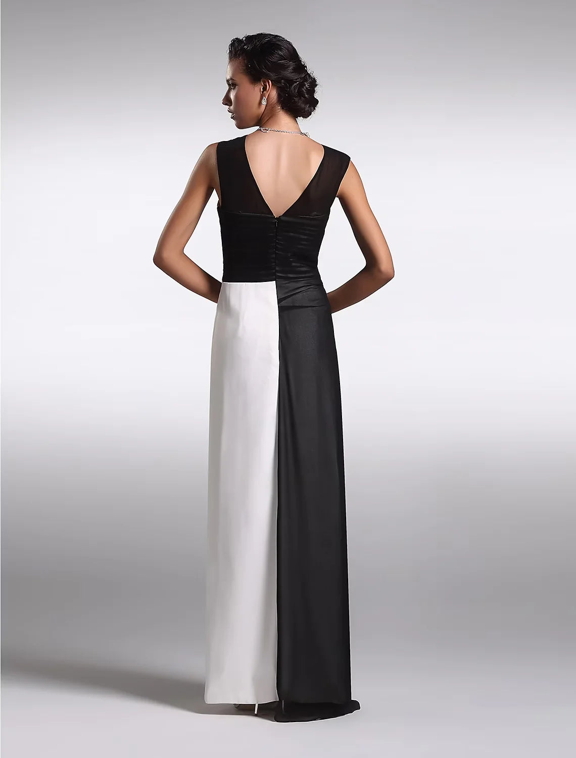 Sheath / Column Little Black Prom Dress Wedding Guest Floor Length Sleeveless Jewel Neck Georgette V Back with Ruched