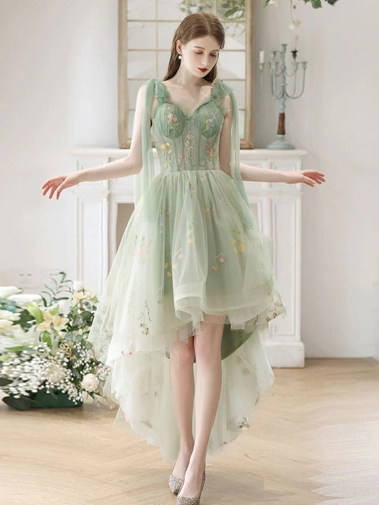 A-Line High Low Green Lace Short Prom Dress Lace Homecoming Dress