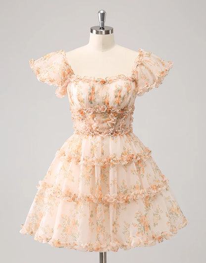 Yellow Cute A-Line Ruffled Tulle Floral Print Homecoming Dress