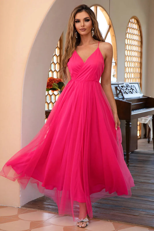 Fuchsia Tulle Spaghetti Straps Simple Prom Dress A-Line Princess Evening Dresses