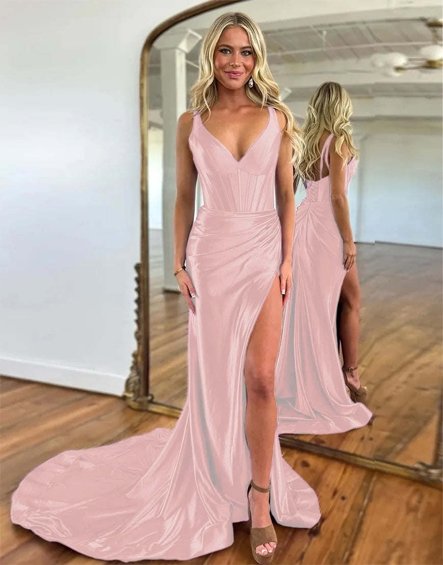 V-Neck Ruched Satin Prom Dress with Slit Sweep/Brush Train Dresses