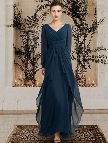 A-Line Mother of the Bride Dress Wedding Guest Elegant V Neck Floor Length Chiffon Long Sleeve with Ruched Ruffles