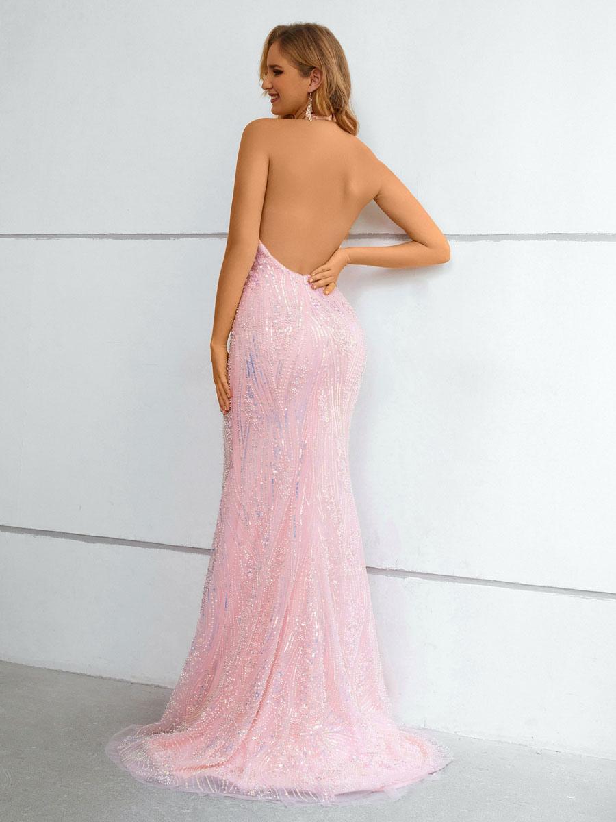 Mermaid Halter With Train Sleeveless Lace Formal Party Dresses Evening Dresses With Sweep Train