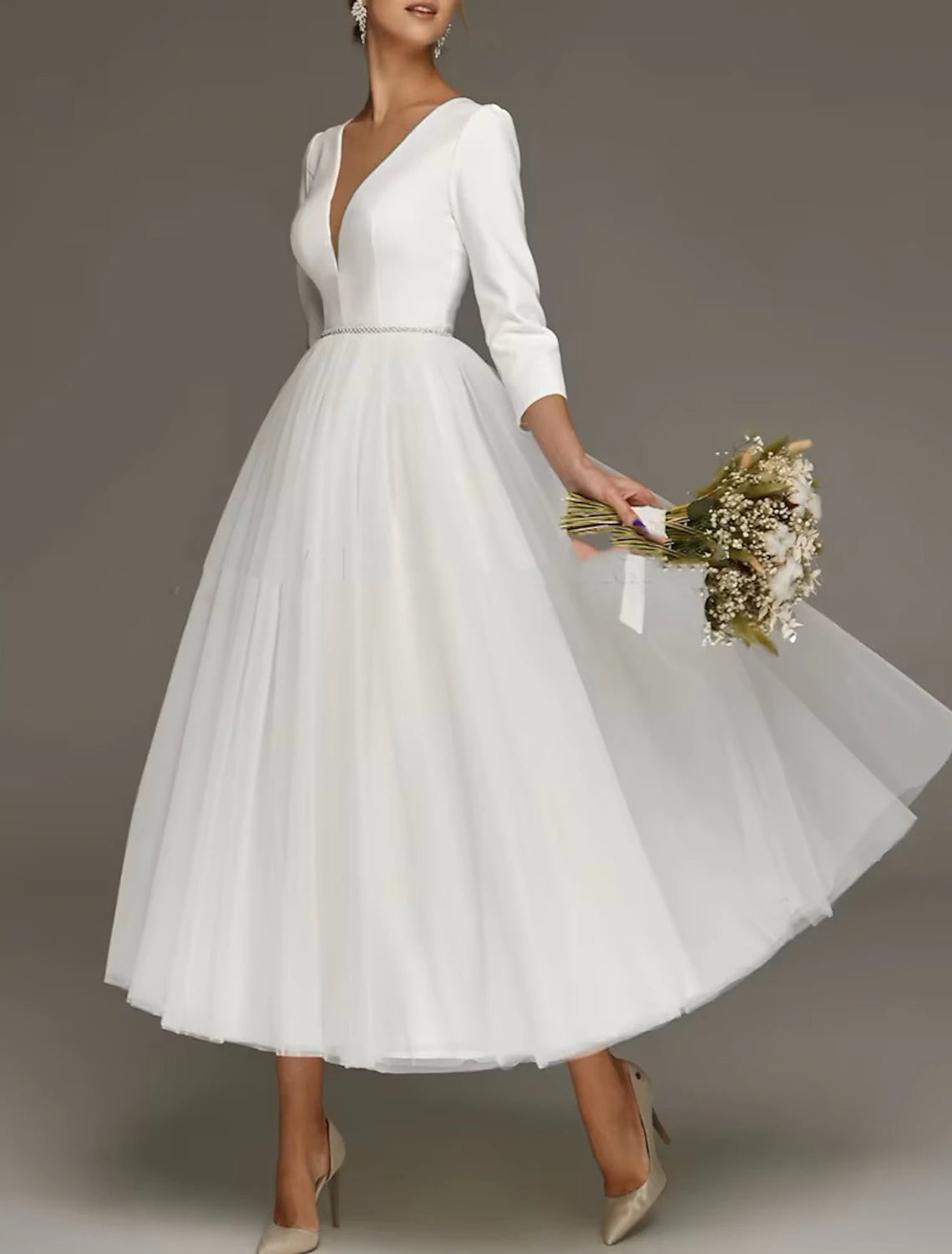 Simple Wedding Dresses A-Line Off Shoulder Cap Sleeve Tea Length Chiffon With Ruched Split Front