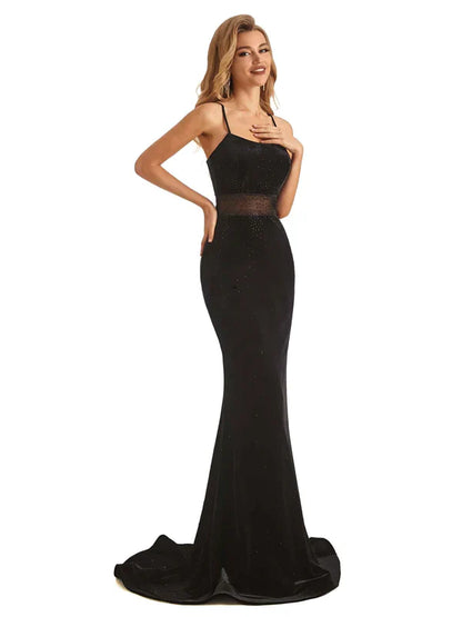 Sexy Black Velvet Mermaid Beading Spaghetti Strap Floor-Length Long Prom Dresses