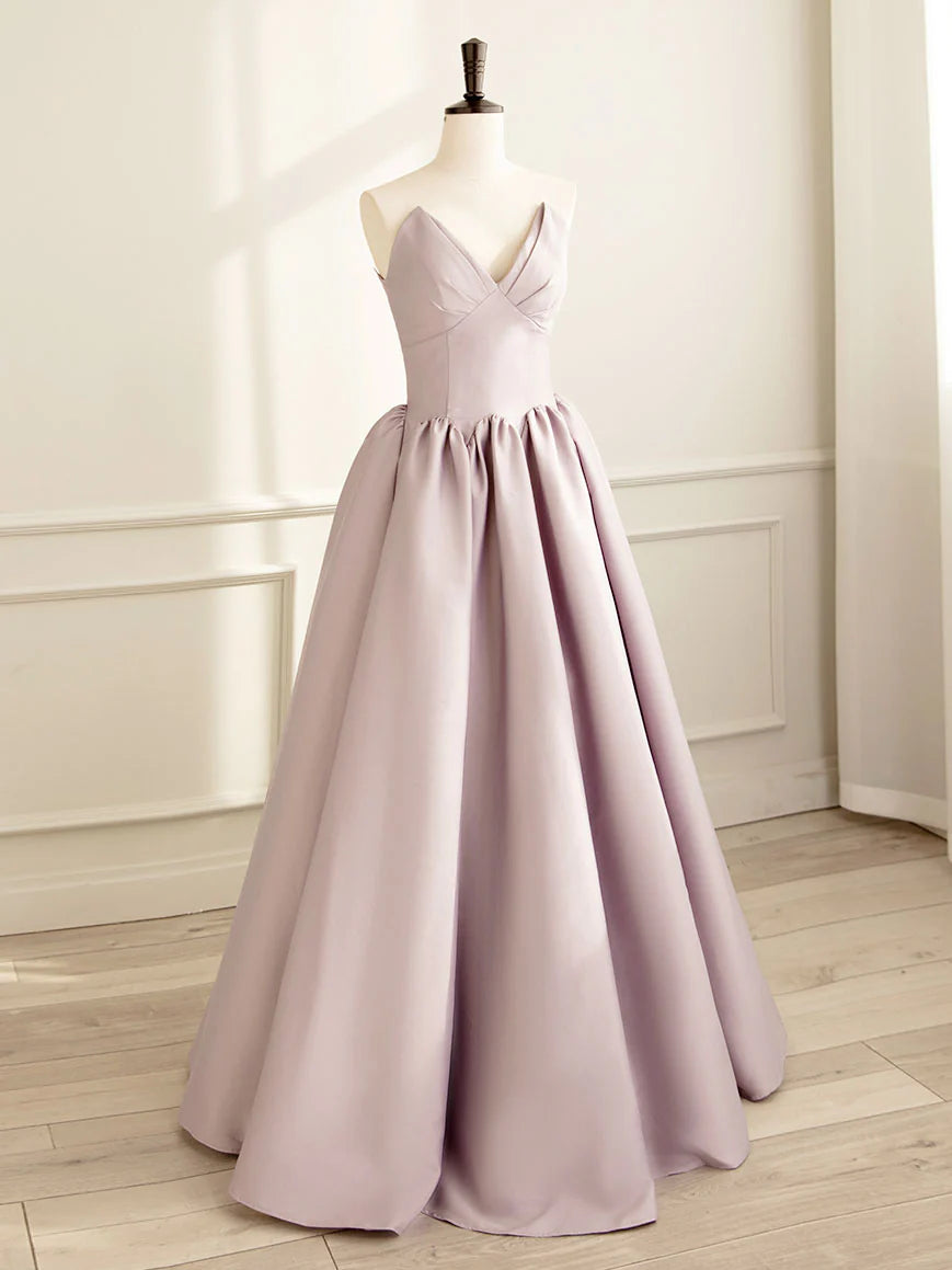 Simple A-line Satin Pink Long Floor-length Prom Dress Evening Dress