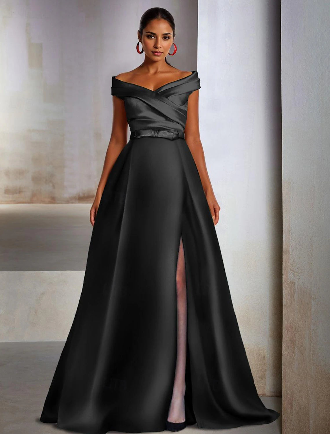 A-Line Evening Gown Wedding Guest Floor Length Sleeveless Off Shoulder Pocket Satin with Slit