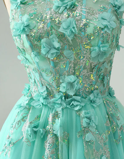 A Line Sequins Corset Short Tulle Appliques Homecoming Dress