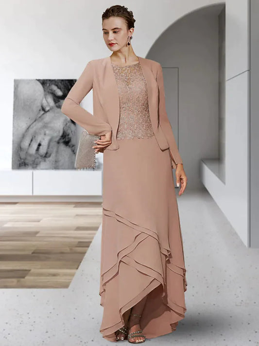 Two Piece A-Line Mother of the Bride Dress Elegant Jewel Neck Asymmetrical Chiffon Lace Sleeveless with Tier Appliques