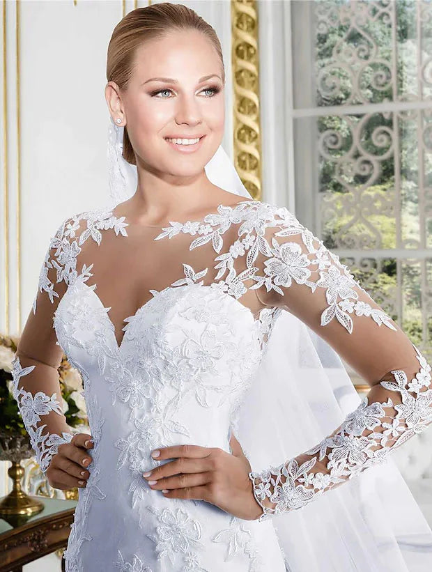 Wedding Dresses Jewel Neck Court Train Lace Long Sleeve Formal Beach Sexy Illusion Sleeve