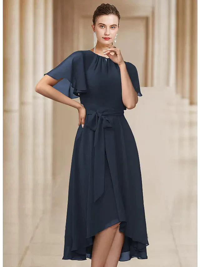 A-Line Mother of the Bride Dress Elegant Jewel Neck Asymmetrical Chiffon Short Sleeve with Bow(s) Pleats