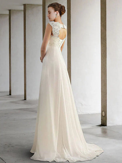 Wedding Dresses Scoop Neck Chiffon Lace Sleeveless Simple Sexy with Pleats Appliques