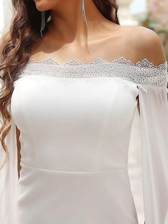 Wedding Dresses Off Shoulder Chiffon Satin Lace Over Satin Sleeveless Simple with Draping Lace Insert