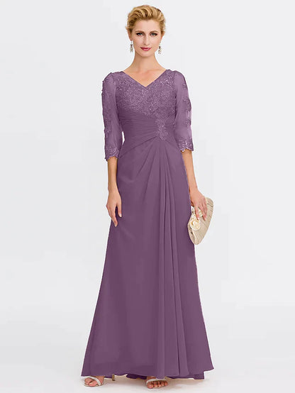 Mother of the Bride Dress Elegant See Through V Neck Floor Length Chiffon Sheer Lace Half Sleeve with Appliques Side Draping