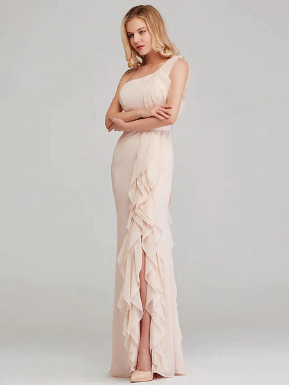 Shoulder Long Length Chiffon Bridesmaid Dress with Cascading Ruffles